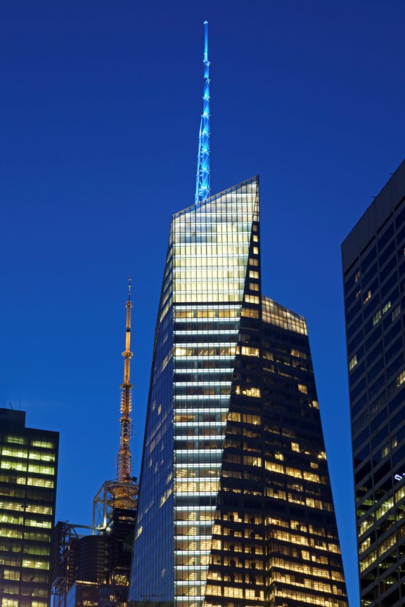 Bank of America Tower, New York City, lit with blue and gold lights