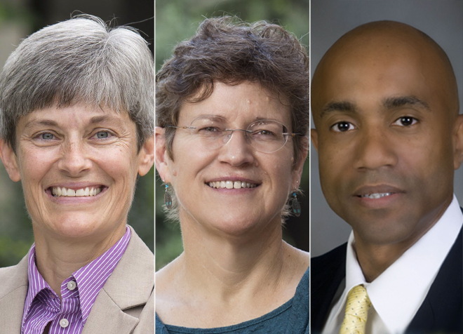 Three new deans joined Pitt this summer (from left): Amy Wildermuth, School of Law; Elizabeth "Betsy" Farmer, School of Social Work; and James "Jimmy" Martin, Swanson School of Engineering.