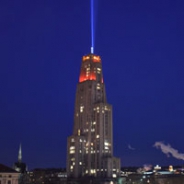 The Cathedral of Learning with its victory lights on