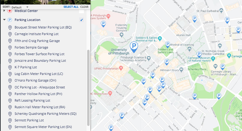 screen capture of parking locator feature on map