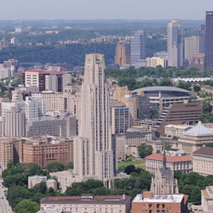The Cathedral of Learning and Pittsburgh Campus with a view downtown.